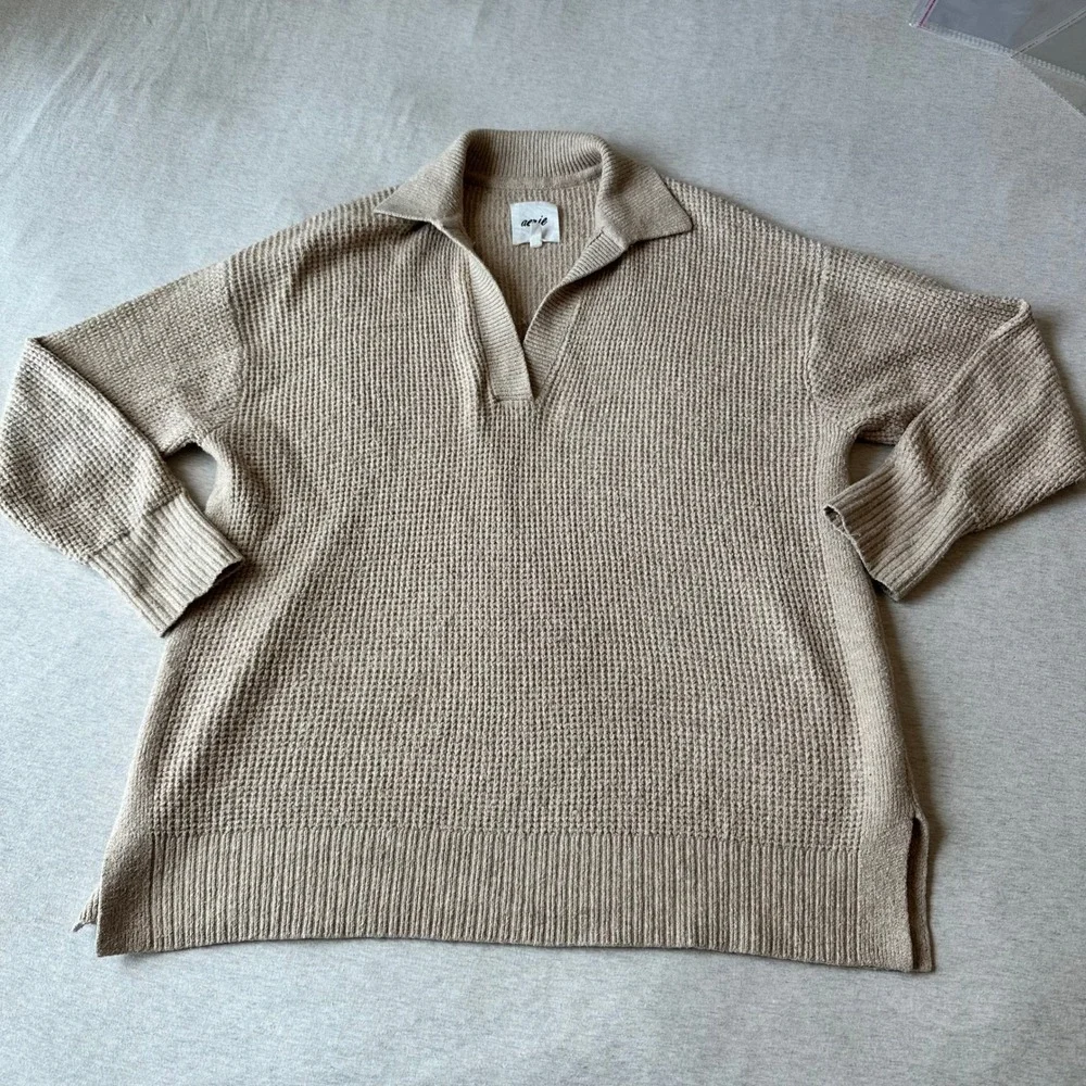 Aerie Womens XS Oversized Waffle Knit Polo Sweater‎ Tan V-Neck Long Sleeve